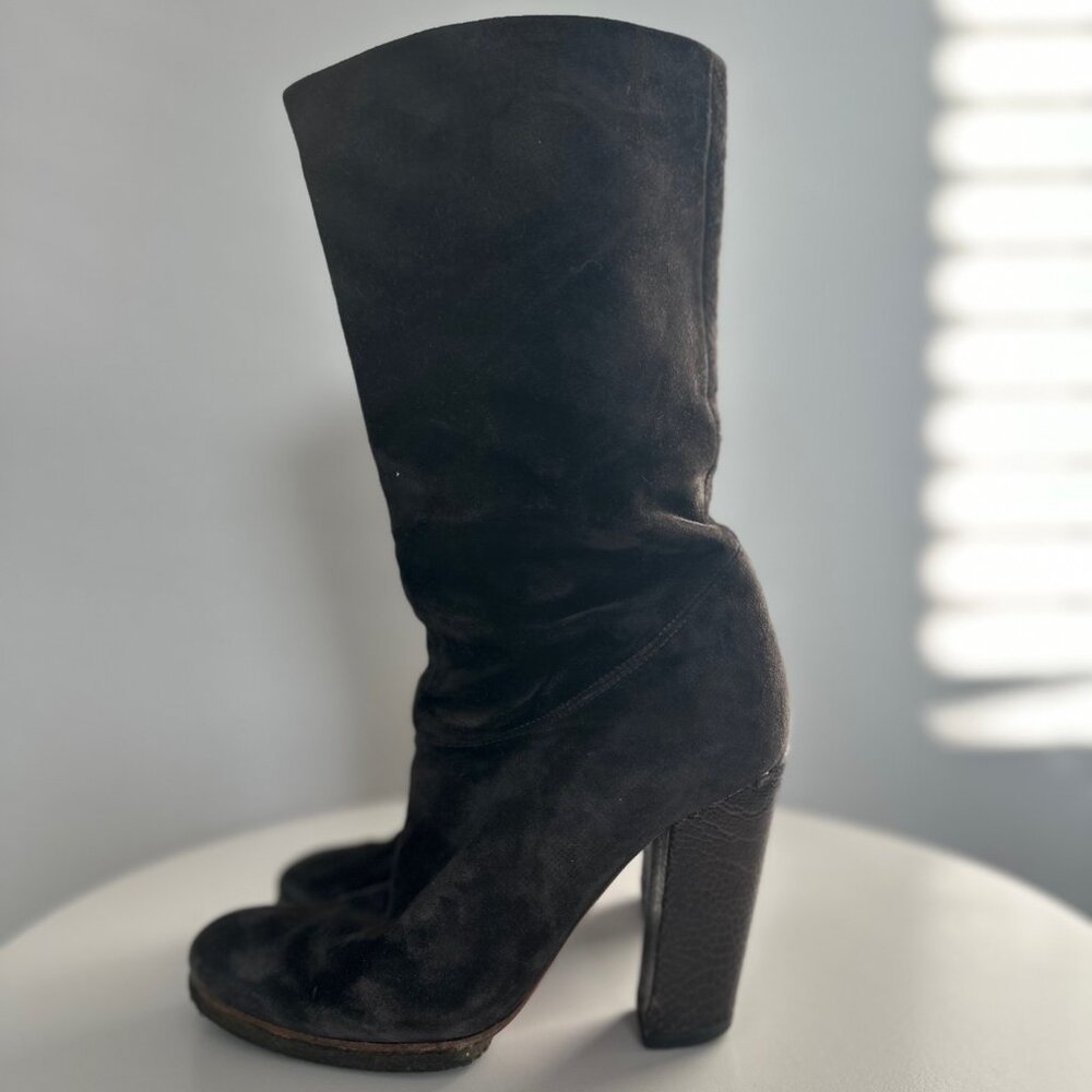 LANVIN SUEDE MID-CALF BOOTS, 5.5, DARK BROWN